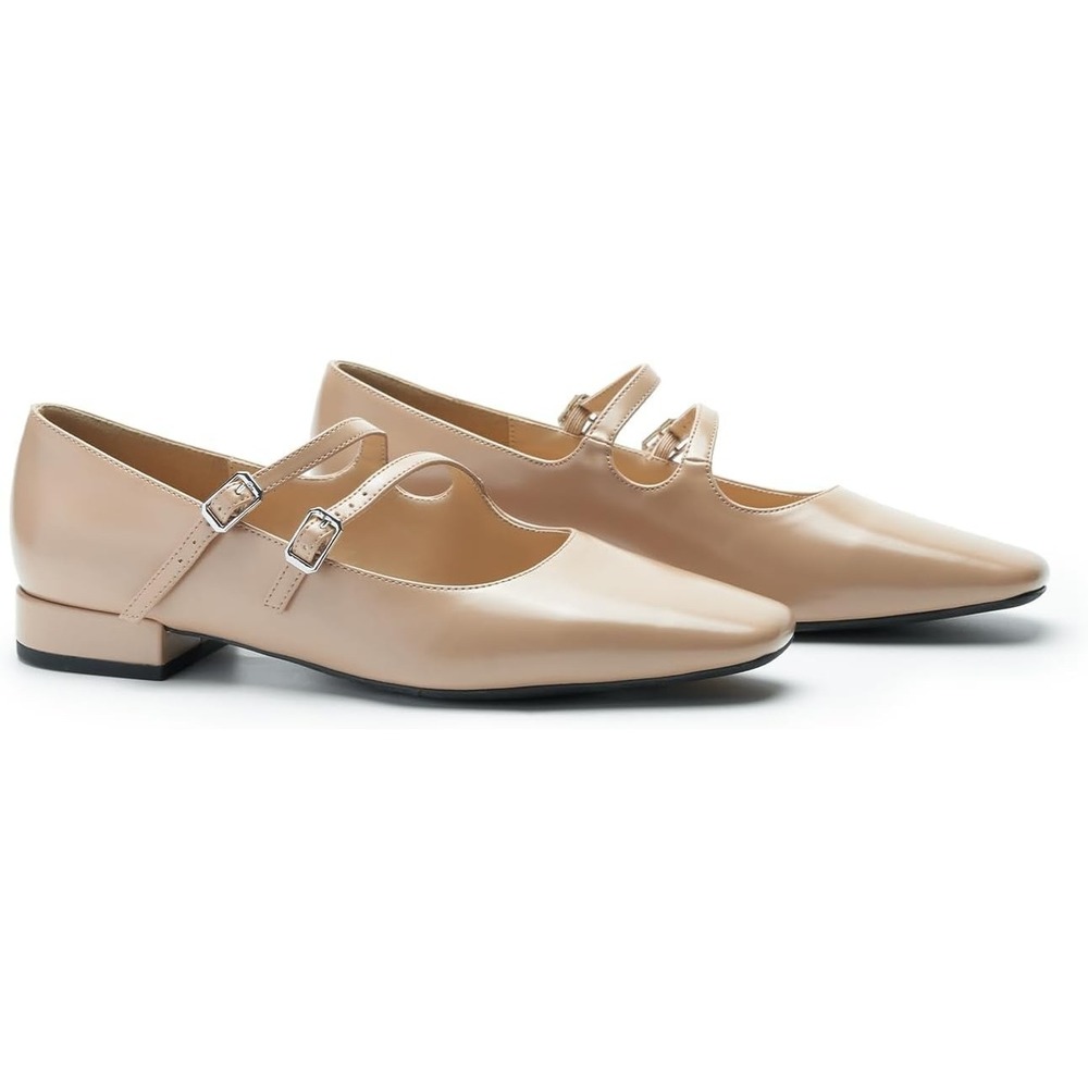 Patent Nude Mary Jane Flats with Double Buckle Straps